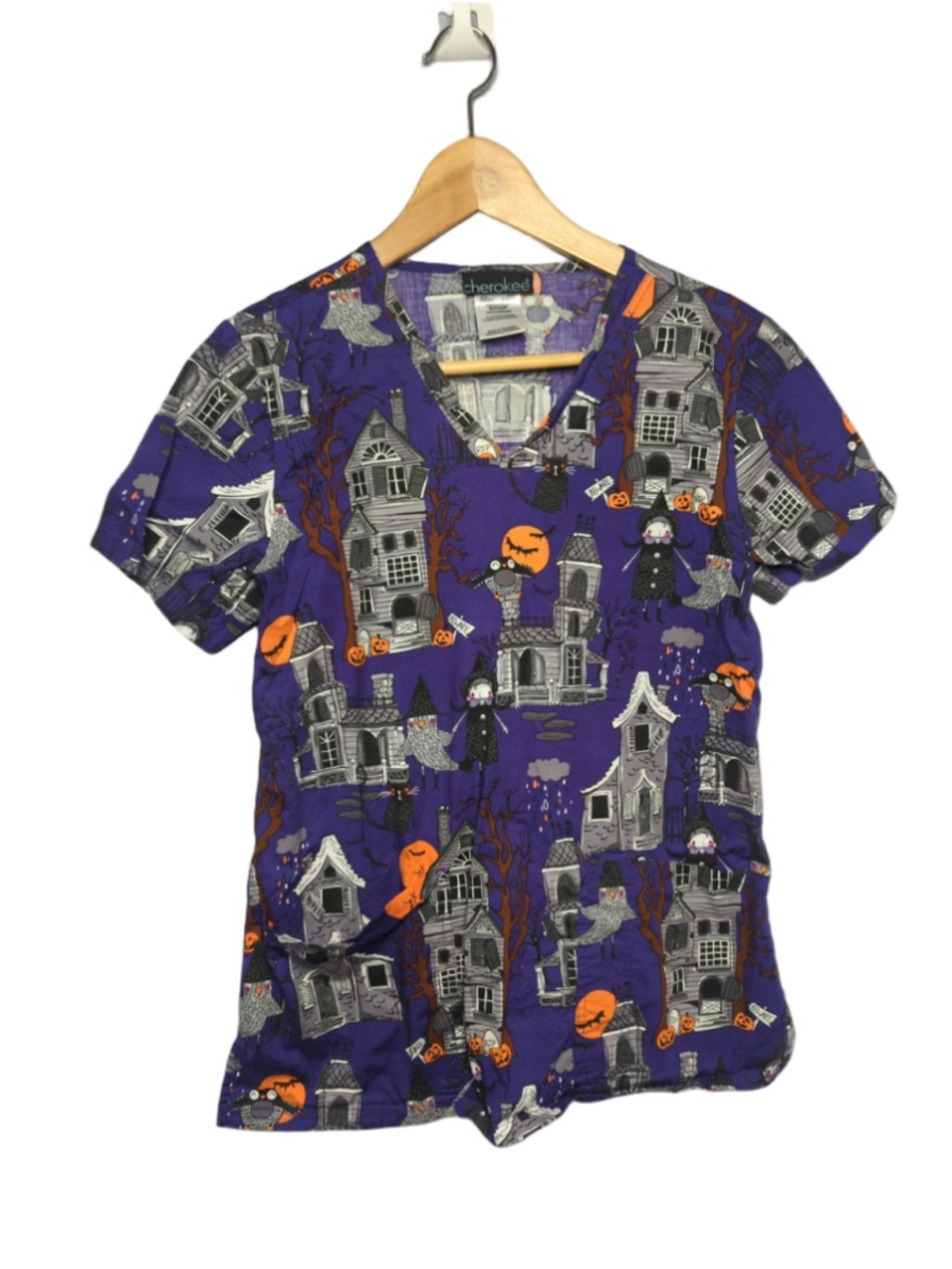 Cherokee Prints V-Neck Scrub Top Haunted Halloween Purple Women’s Size S